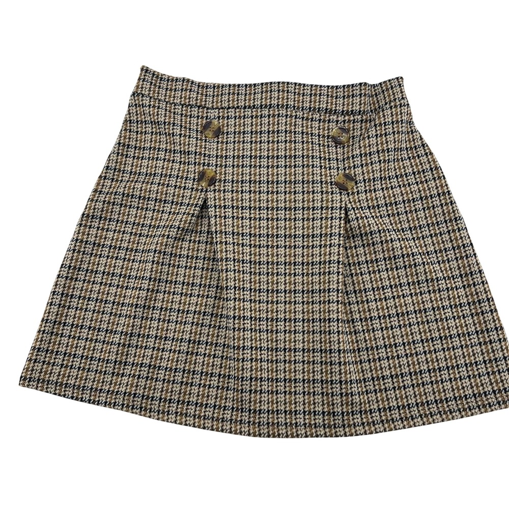 Beautees‎ Girls Brown Houndstooth Plaid A-Line Pleated Skirt Size L 14 Button
